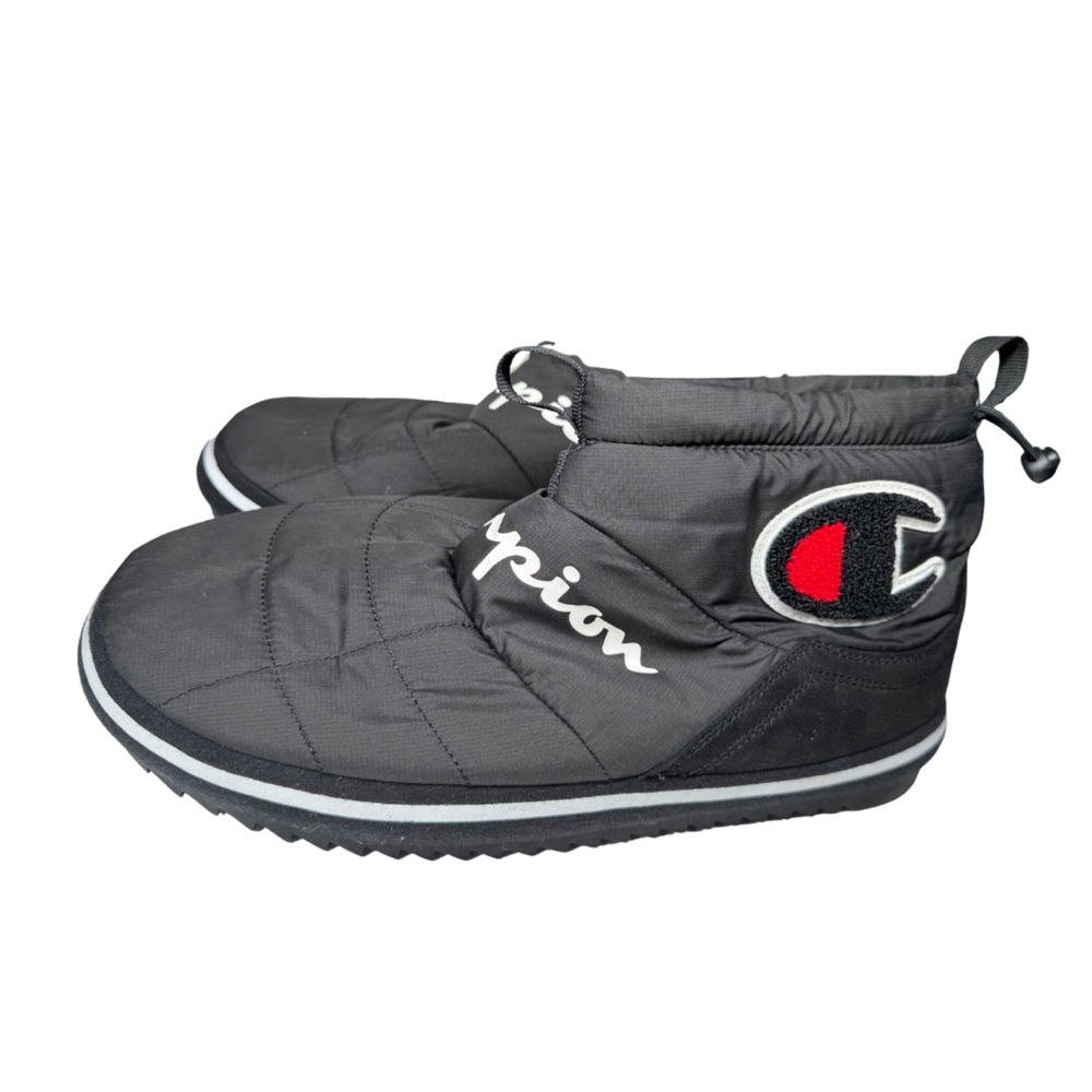Champion Rally booties men 13 lined spell out embroidery puffer winter slippers